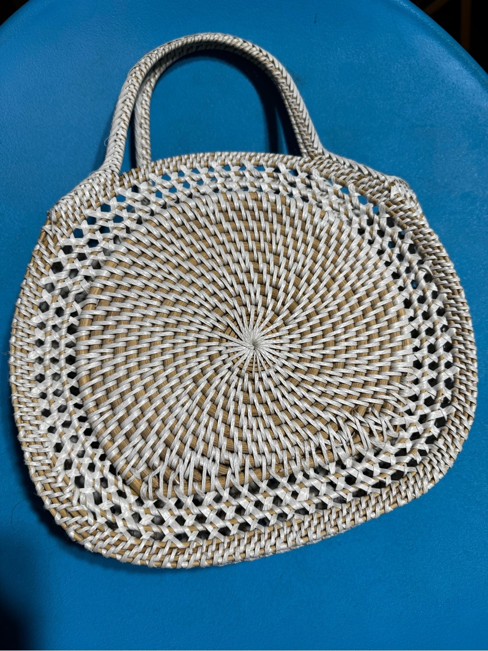 Woven Straw Circle Tote Bag in Natural and White